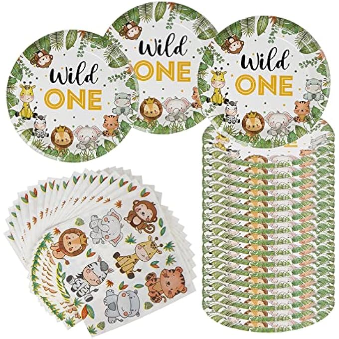 WILD ONE BIRTHDAY TABLEWARE SET, 40 PIECES 1 YEAR JUNGLE ANIMALS PAPER PLATES NAPKINS, 20 NAPKINS AND 20 PAPER PLATES JUNGLE BIRTHDAY TABLEWARE KIT, FOR BOYS & GIRLS, JUNGLE - Image 1